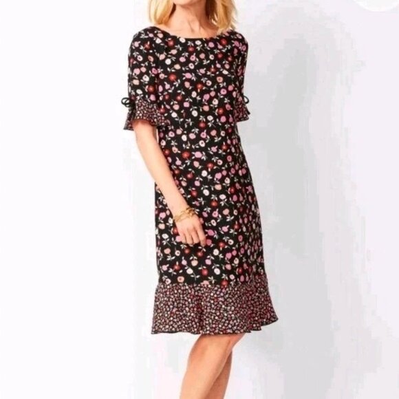 Talbots Midi Shift Dress Size 22W Floral Contrast Hem Ruffled Half Sleeves Bow - Picture 1 of 13